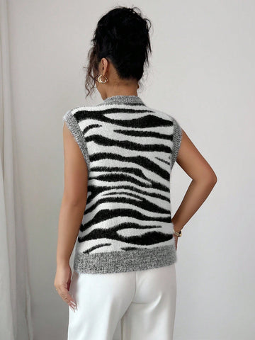 Fuzzy Zebra Print Button Sweater Vest