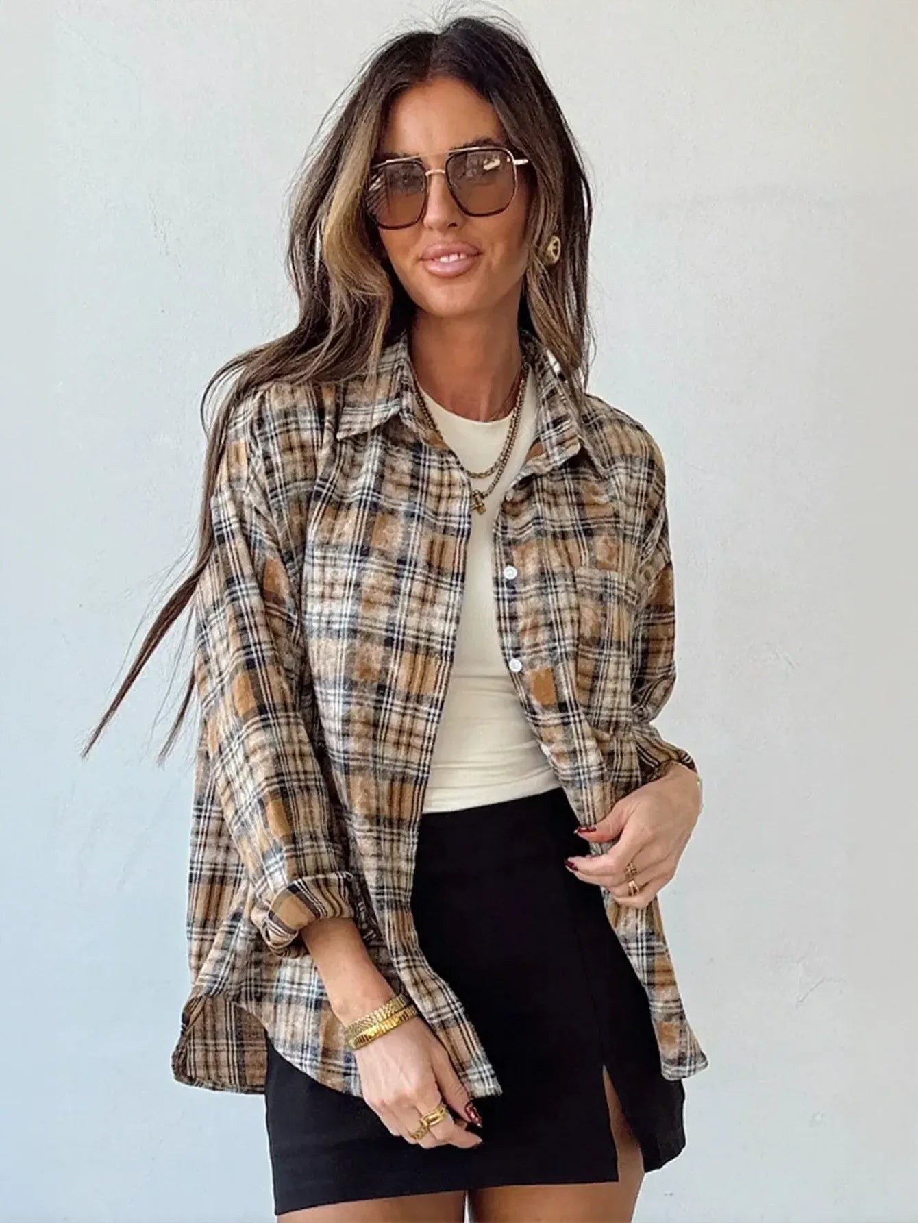 Oversized Distressed Plaid Button Up Shirt