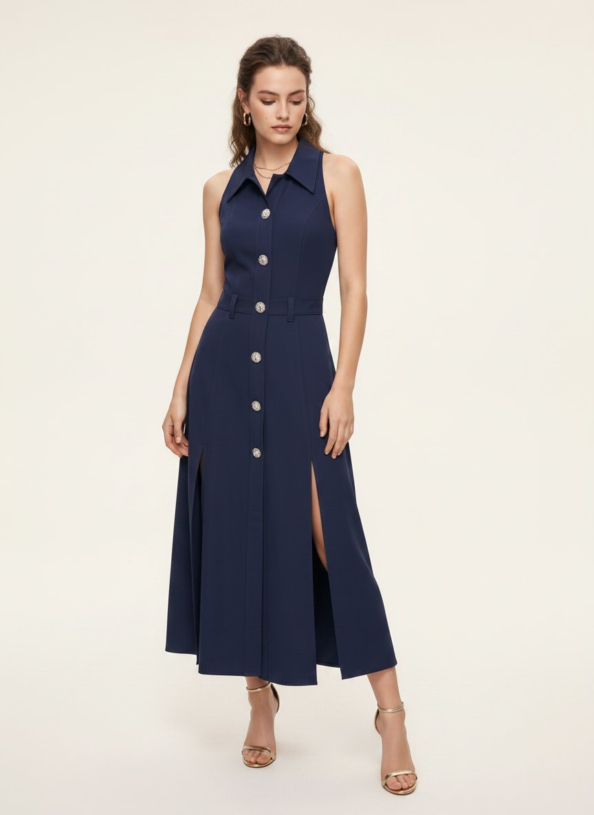 Button Down Slit Midi Dress