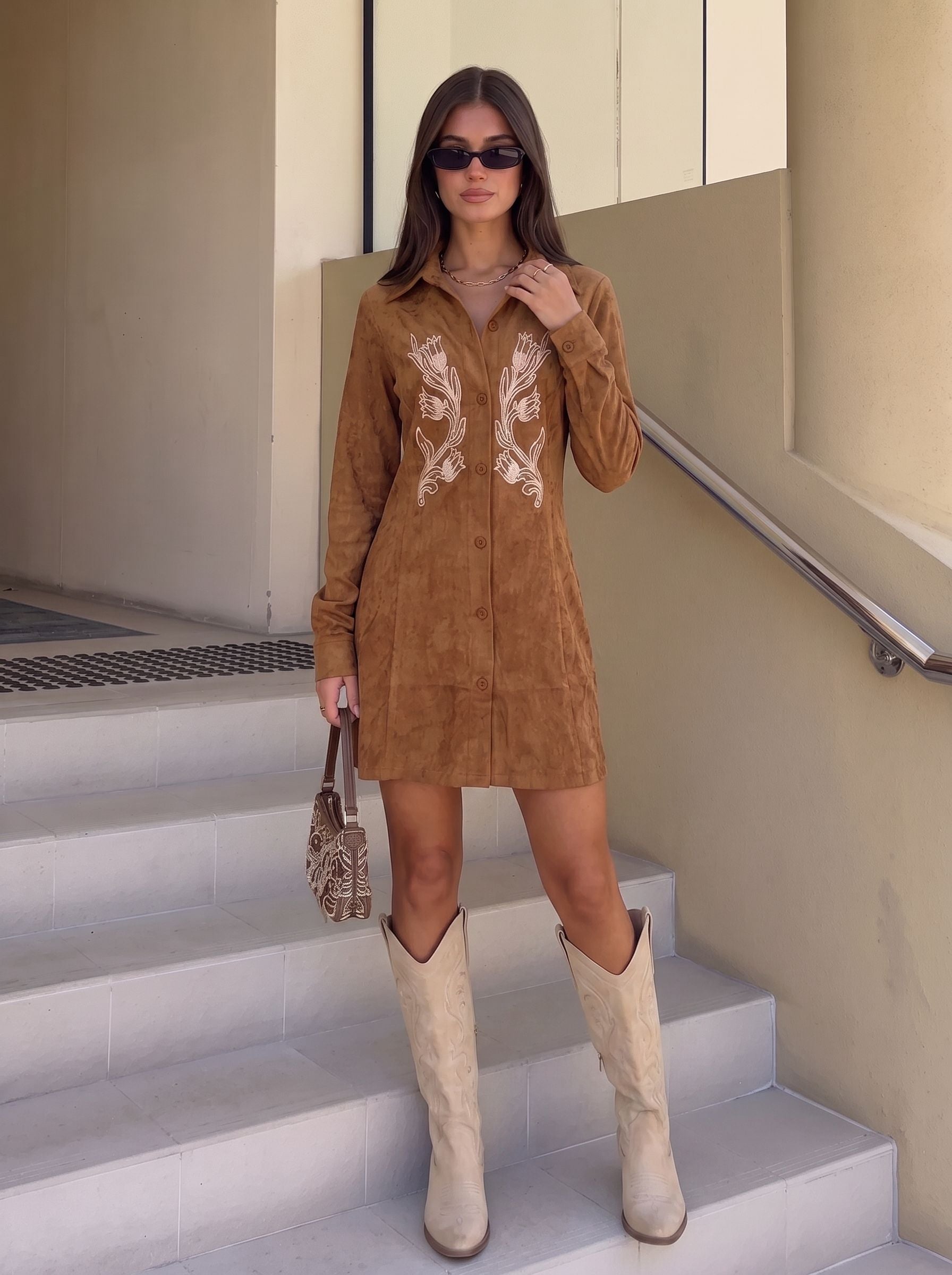 Embroidered Suede Button Down Mini Dress
