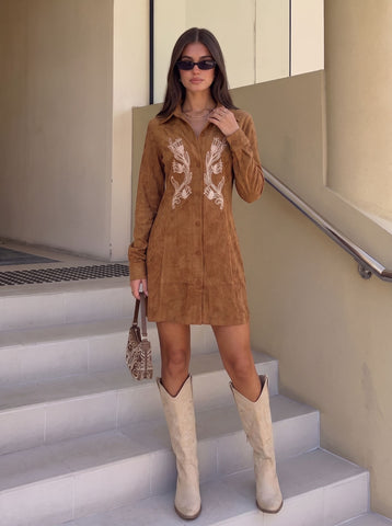 Embroidered Suede Button Down Mini Dress