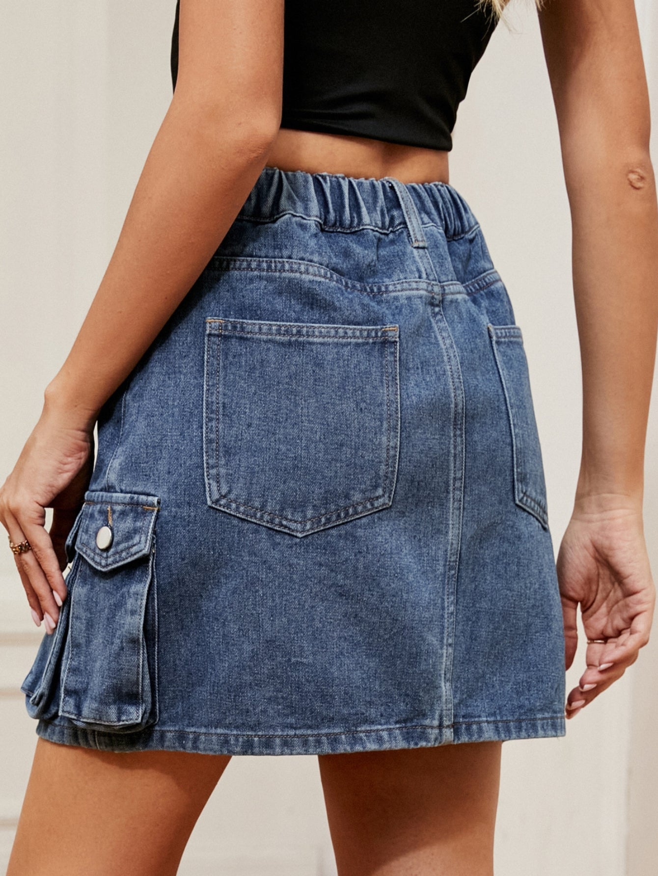 High Waisted Cargo Denim Mini Skirt