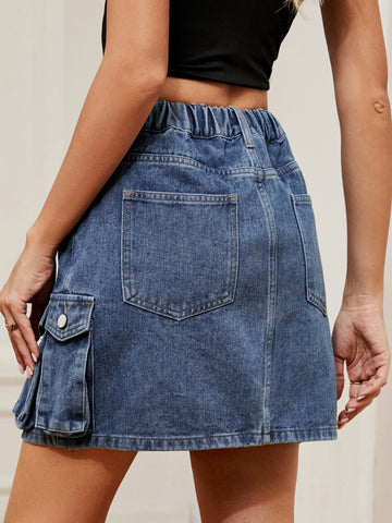 High Waisted Cargo Denim Mini Skirt