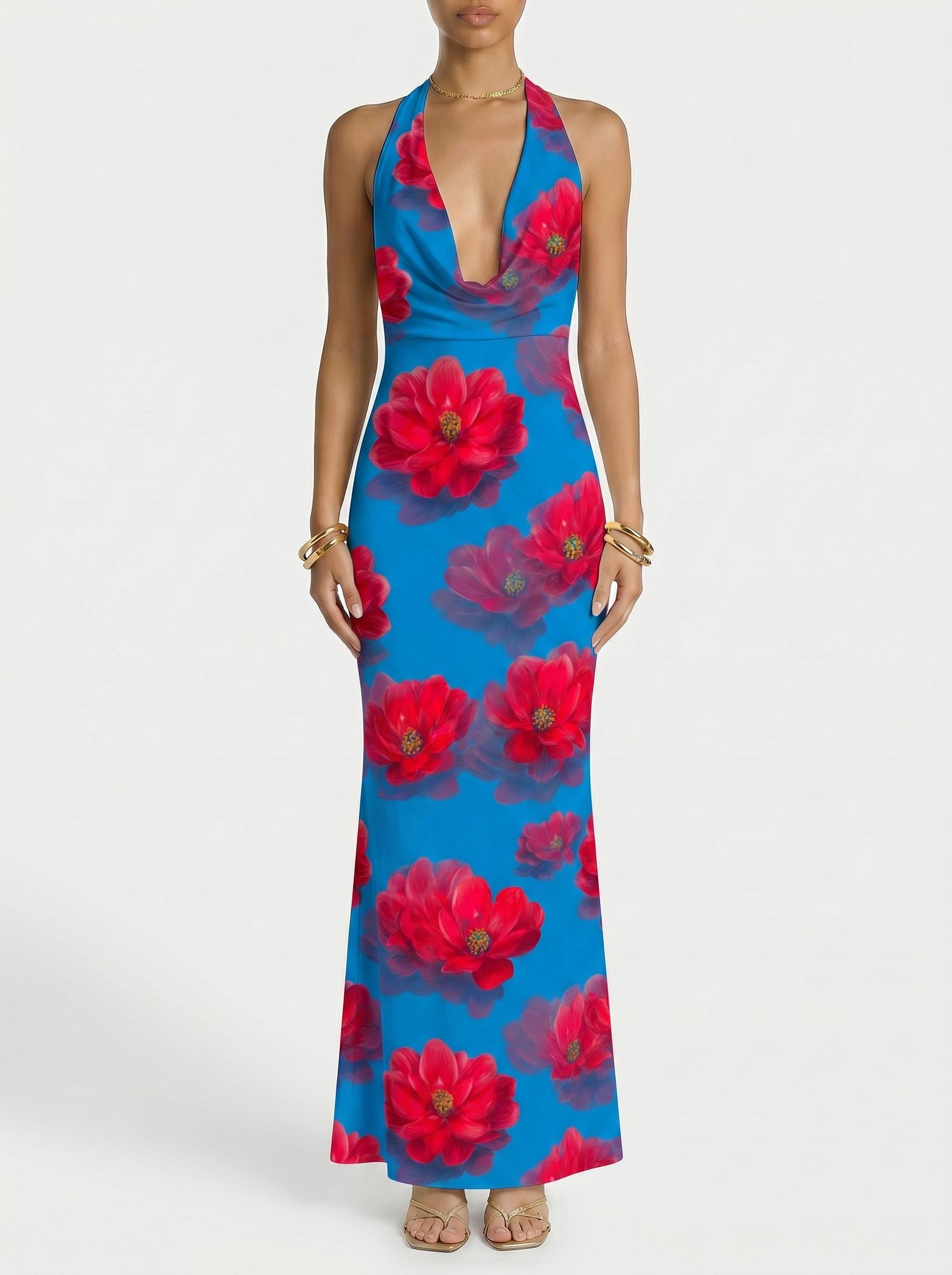 Floral Print Cowl Neck Bodycon Maxi Dress