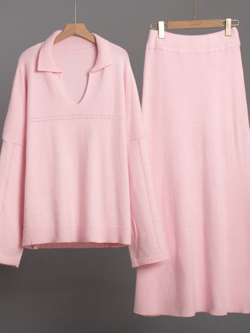 Cozy Collared Knit Sweater Skirt Set