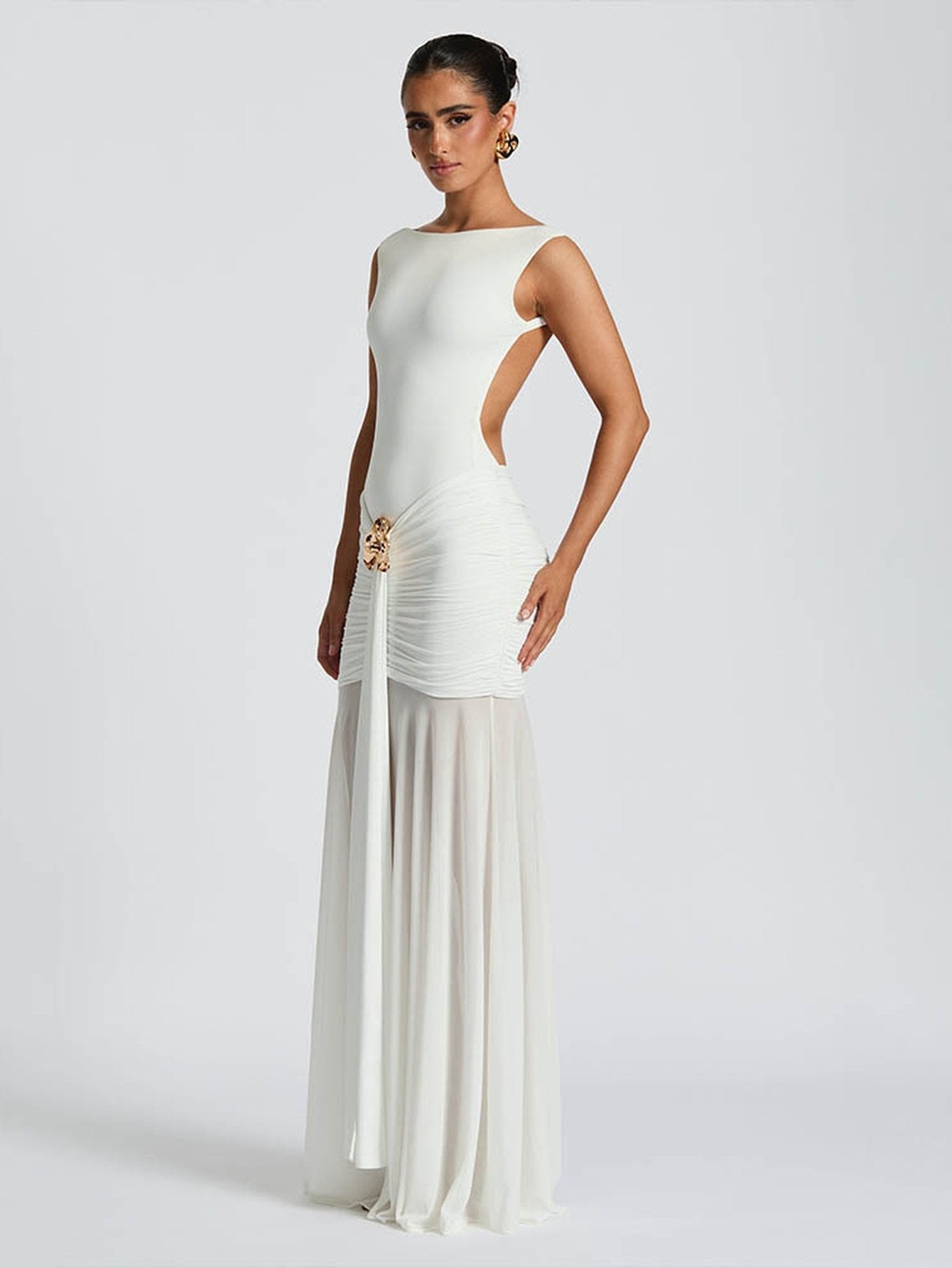 Elegant Ruched Embellished Maxi Dress