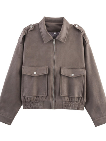 Cropped Suede Utility Bomber Jacket