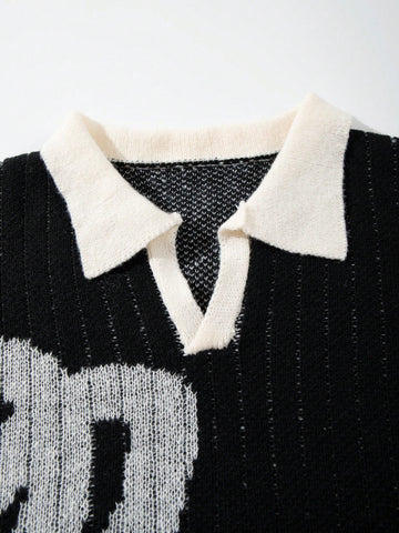 Oversized Graphic Collared Knit Sweater