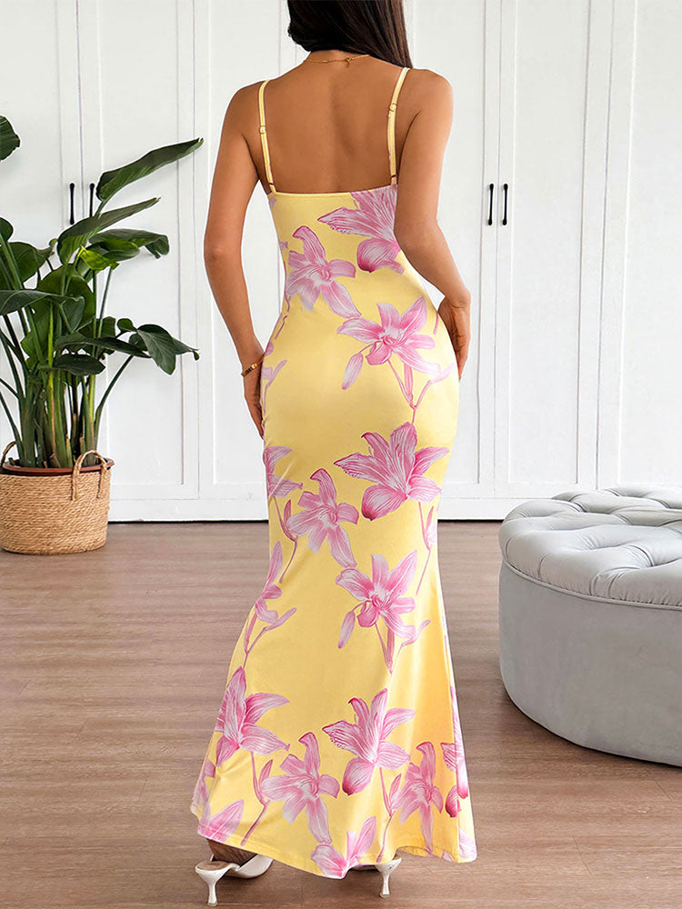 Spaghetti Strap Floral Resort Maxi Dress-Yellow