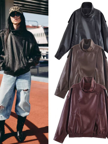 Oversized Vegan Leather Bomber Jacket