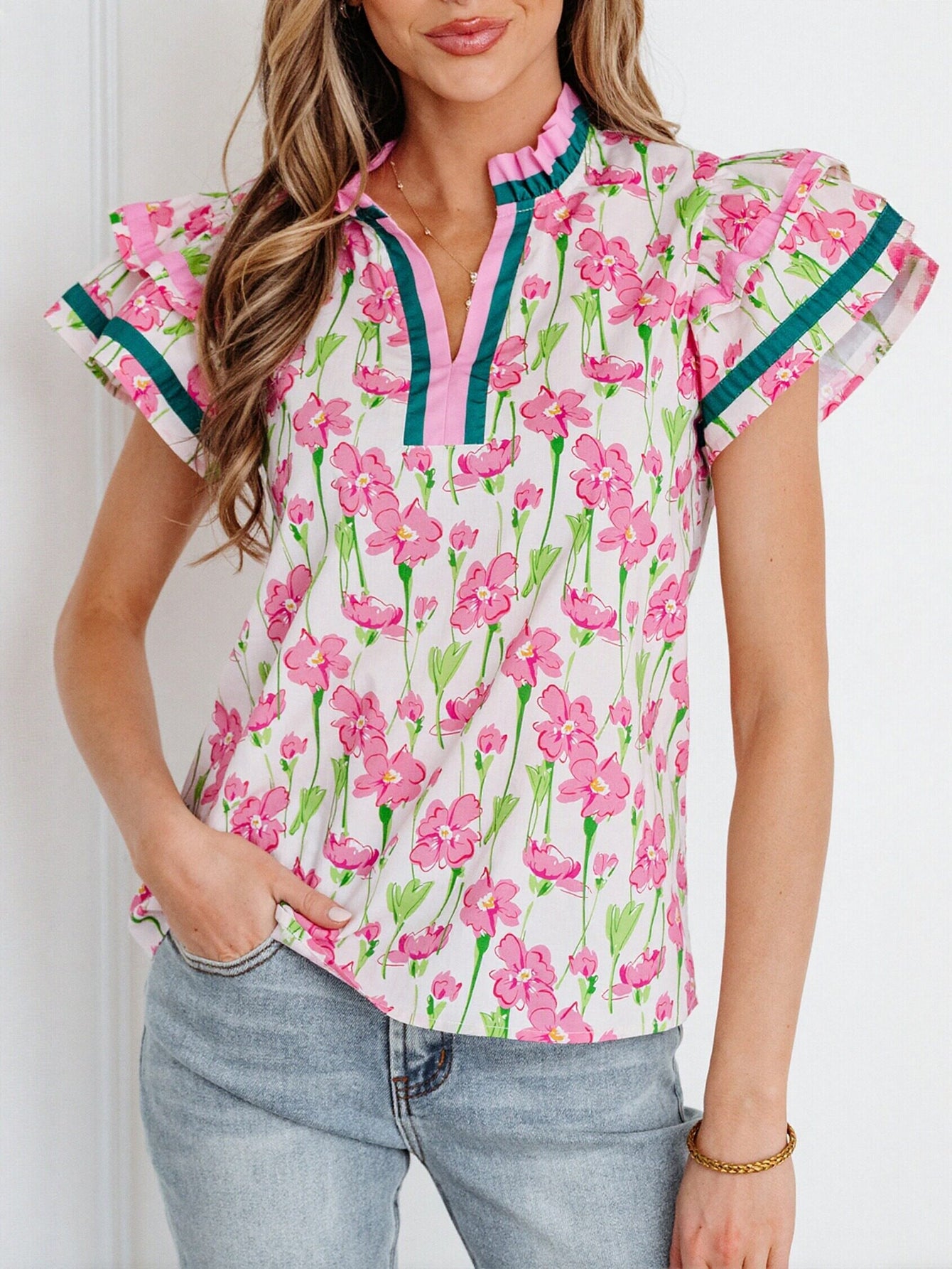 Floral Ruffled Trim Blouse