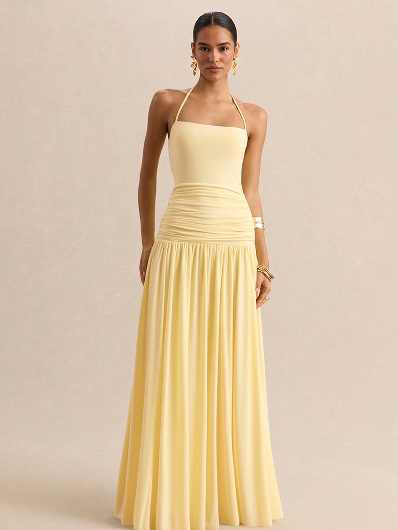 Ruched Halter Neck Maxi Dress