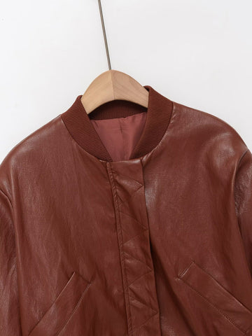 Cropped Faux Leather Bomber Jacket