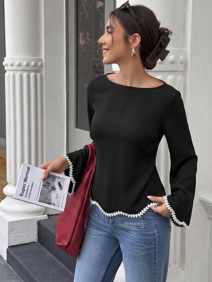 Elegant Embroidered Trim Bell Sleeve Blouse