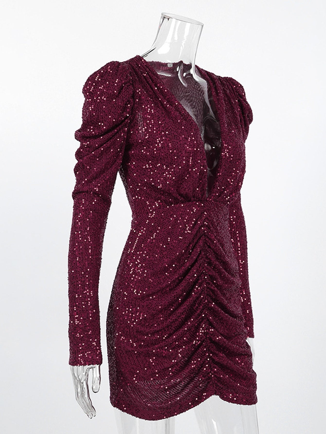 Deep V Neck Ruched Sequin Dress