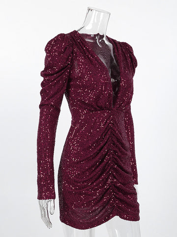 Deep V Neck Ruched Sequin Dress