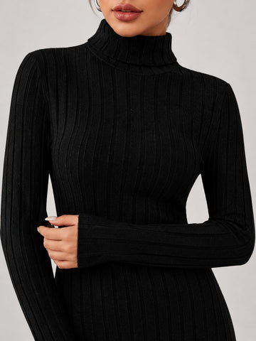 Ribbed Turtleneck Long Sleeve Maxi Dress