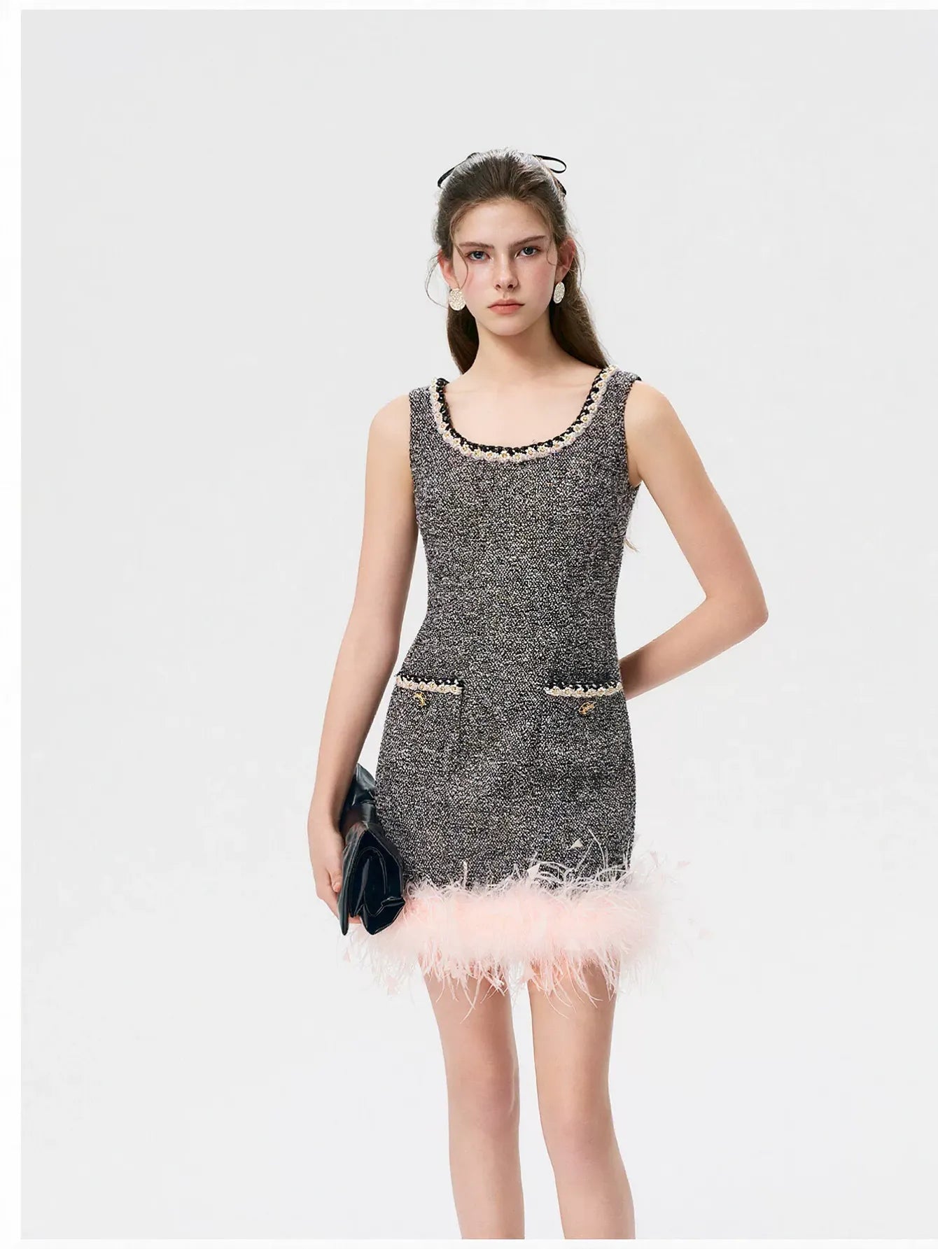 Feather Trim Tweed Mini Dress