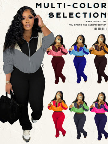 Colorblock Zipper Casual Pant Set