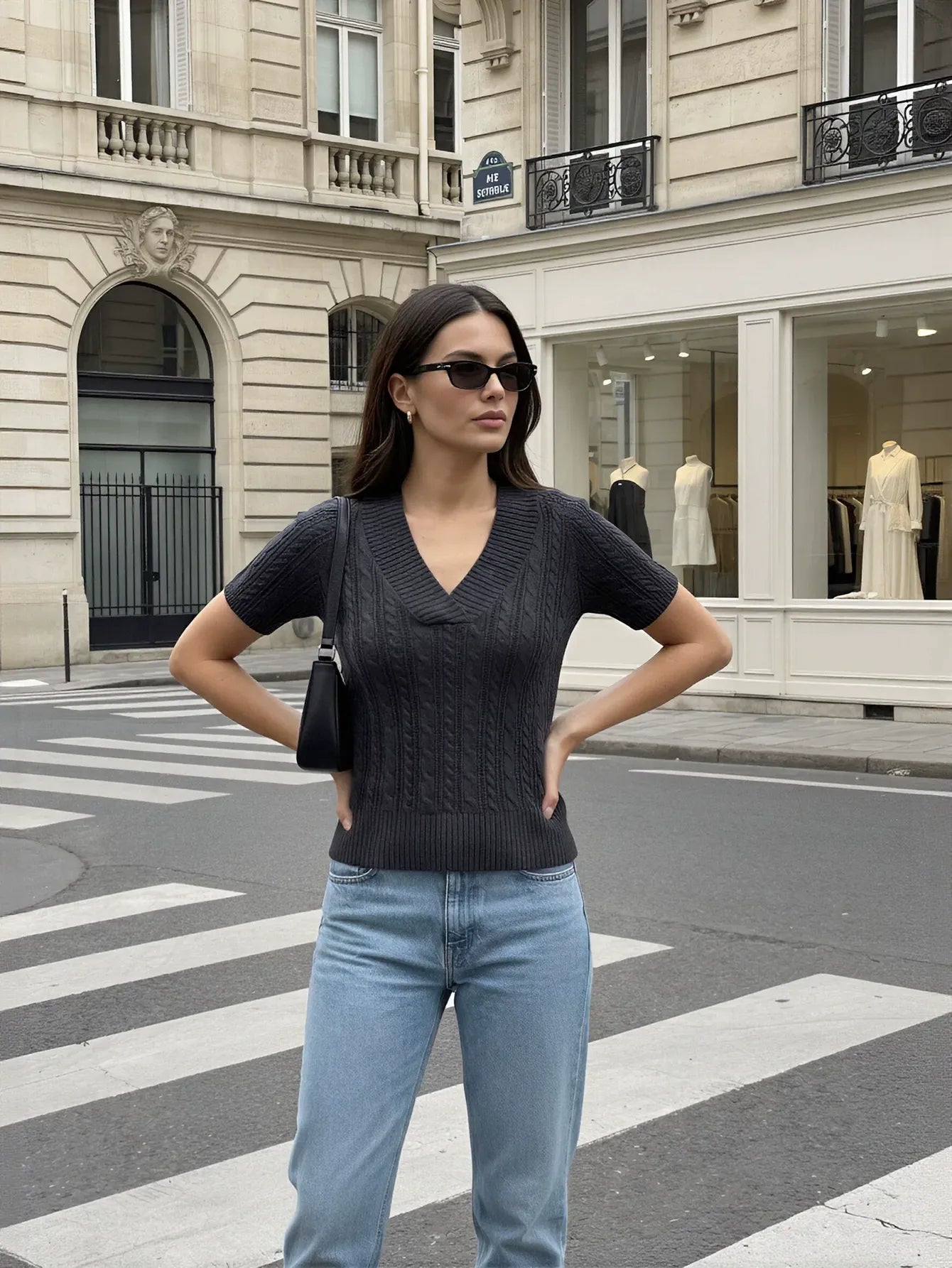 Slim Fit Cable Knit V Neck Sweater