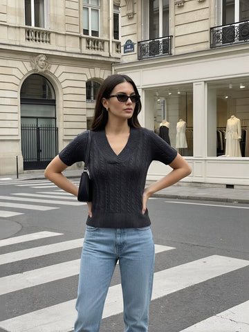 Slim Fit Cable Knit V Neck Sweater