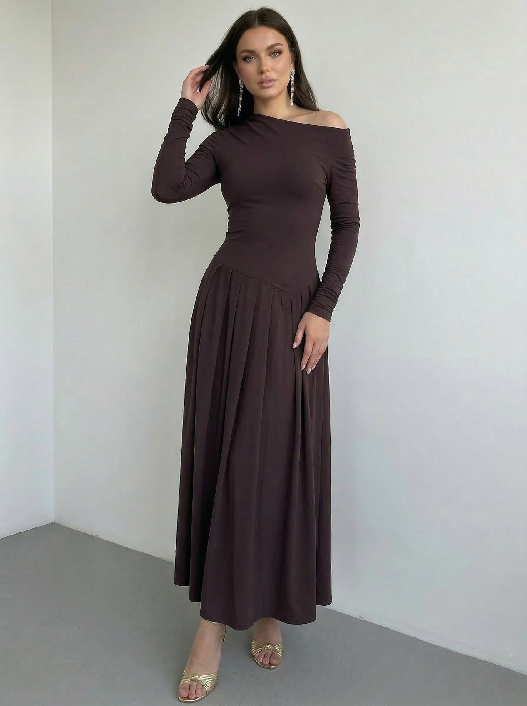 Off-the-Shoulder Long-Sleeve Pleated Formal Maxi Dress