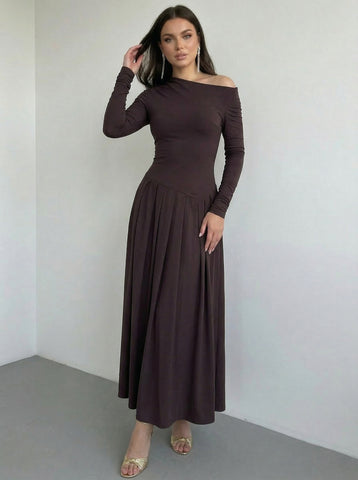 Off-the-Shoulder Long-Sleeve Pleated Formal Maxi Dress