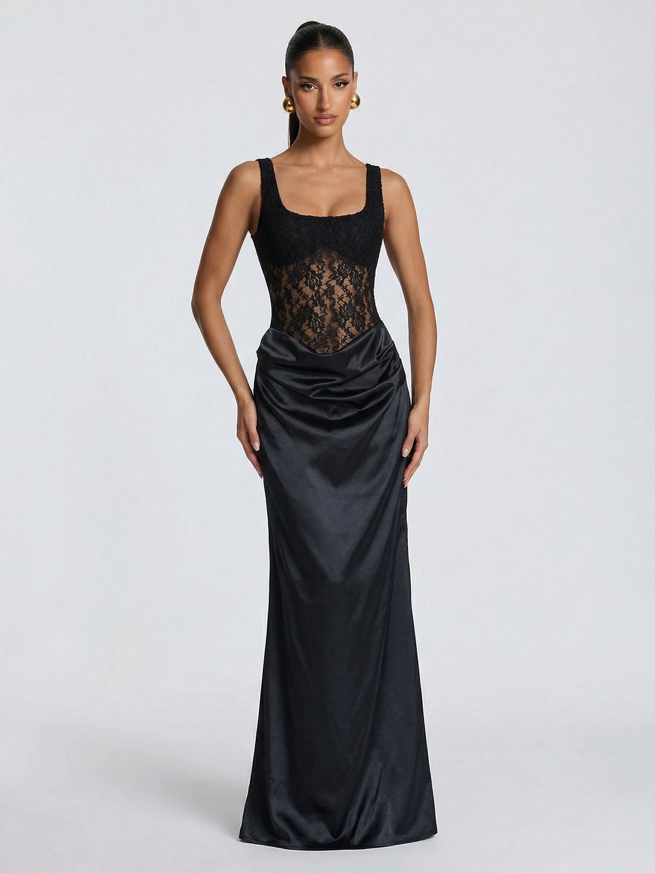 Sleeveless Lace Satin Elegant Maxi Dress