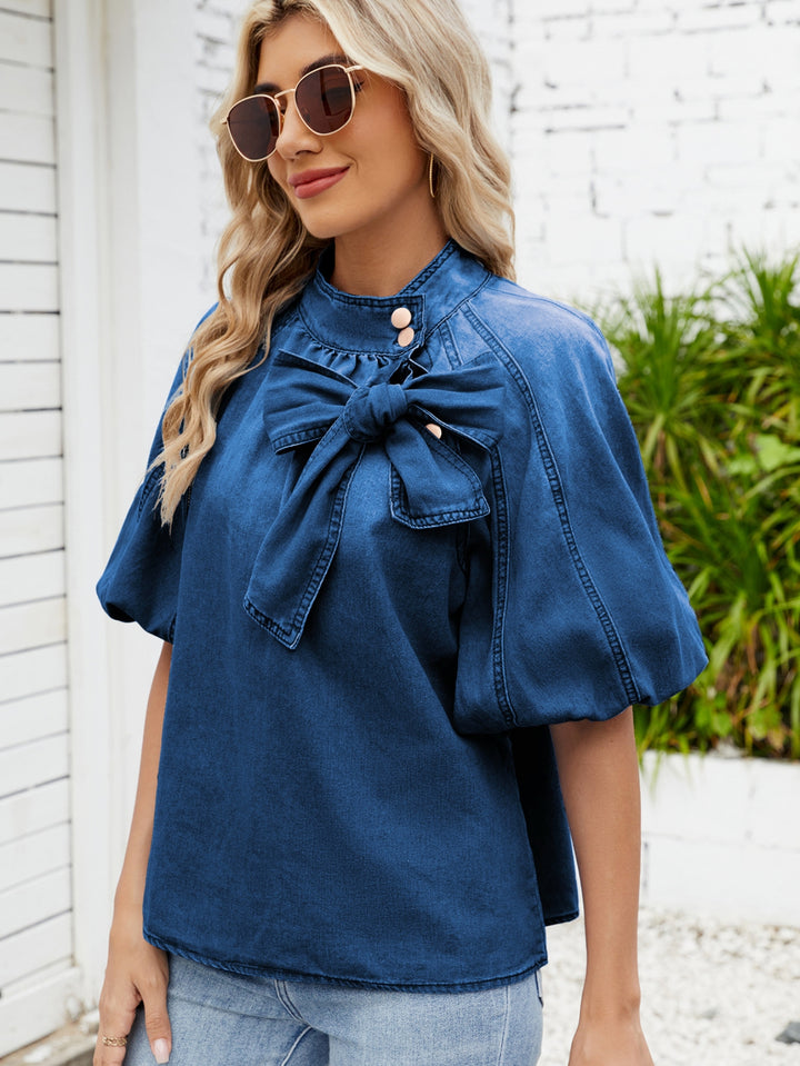 Bow Detail Puff Sleeve Denim Blouse