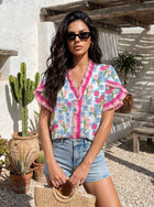 Ruffle Trim Floral Chiffon Blouse