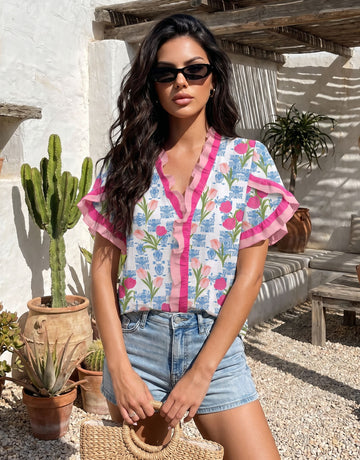 Ruffle Trim Floral Chiffon Blouse