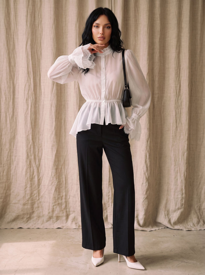 Elegant Lace Trim Peplum Button Shirt