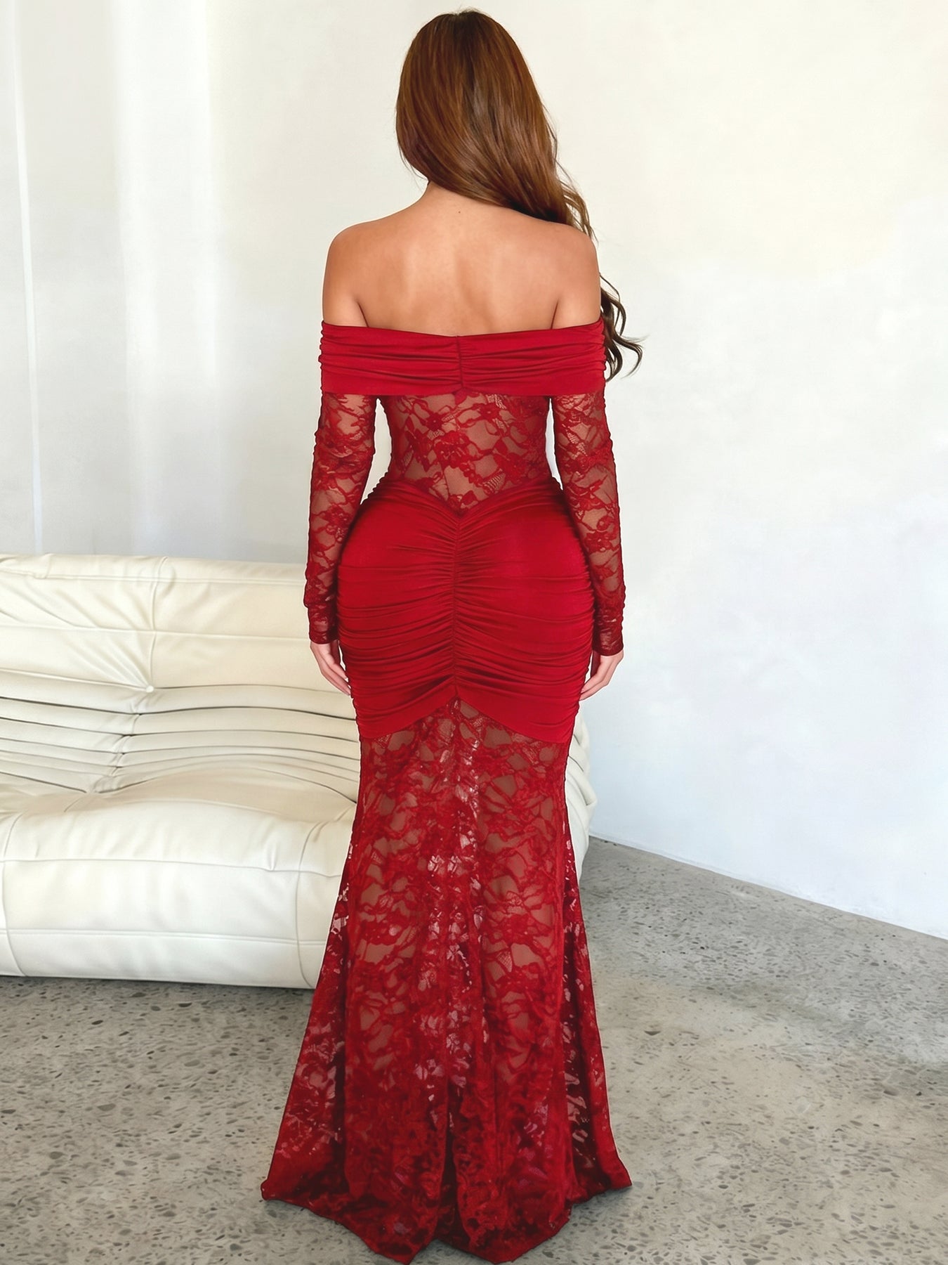 Off Shoulder Ruched Lace Maxi Dress