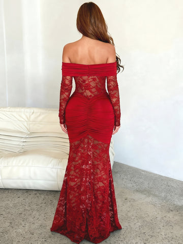 Off Shoulder Ruched Lace Maxi Dress