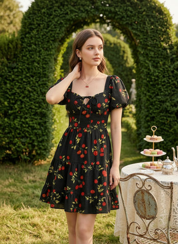 AYLA Floral Print Puff Sleeve Tiered Mini Dress