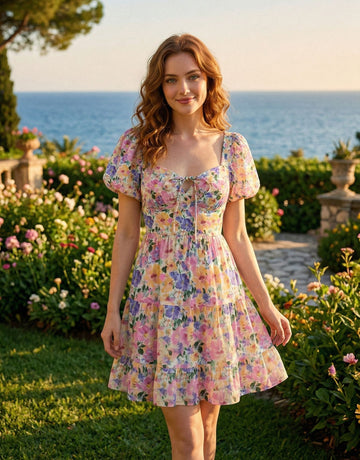 AYLA Floral Print Puff Sleeve Tiered Mini Dress