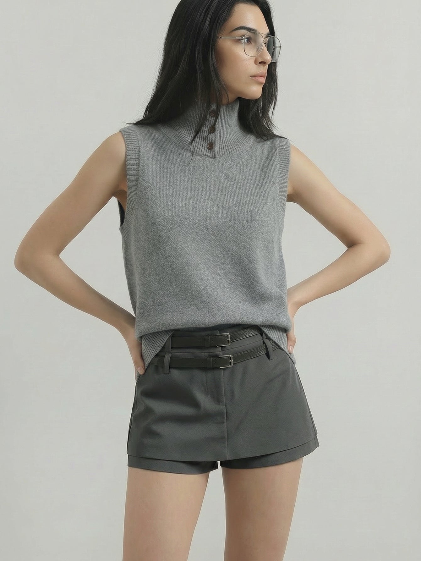 SAÏA Double-Belted Tailored Preppy Shorts-Gray
