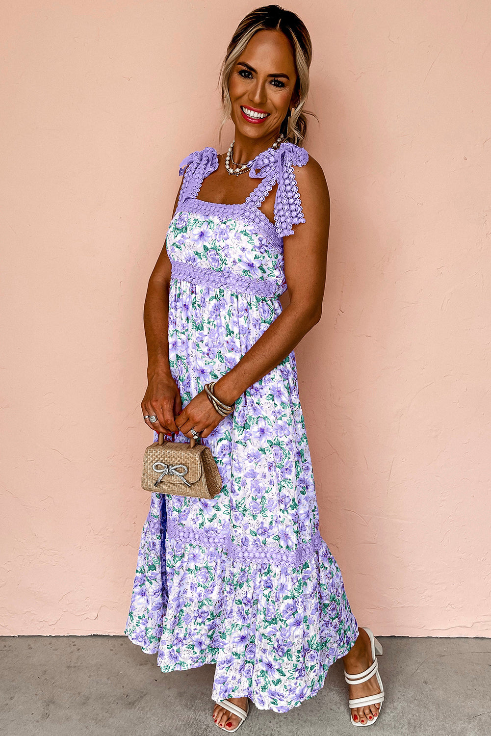 Floral Crochet Trim Midi Dress
