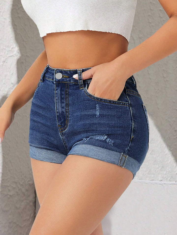 High Waisted Distressed Cuffed Denim Shorts