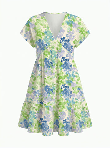 EVA Floral Print V Neck Tiered Babydoll Mini Dress
