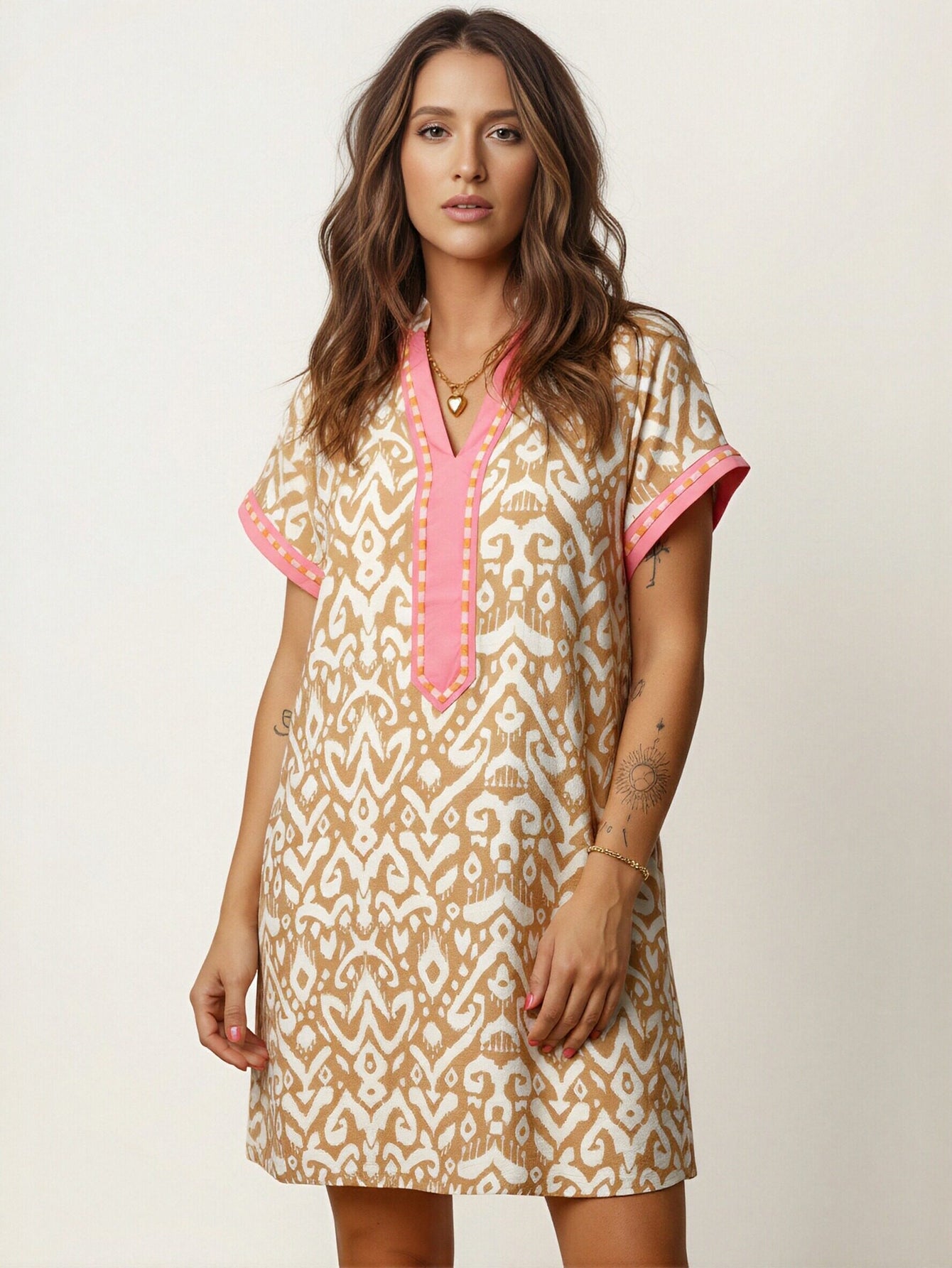 Short Sleeve Ikat Print Mini Dress