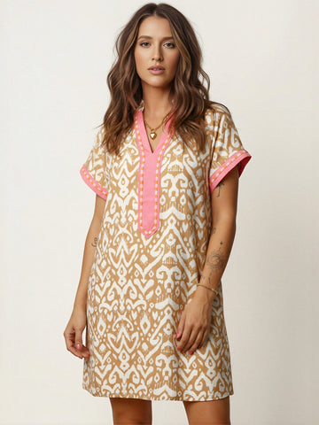 Short Sleeve Ikat Print Mini Dress
