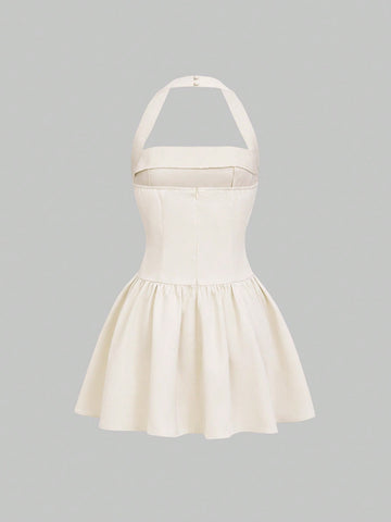 Square Neck Halter Summer Mini Dress-Beige