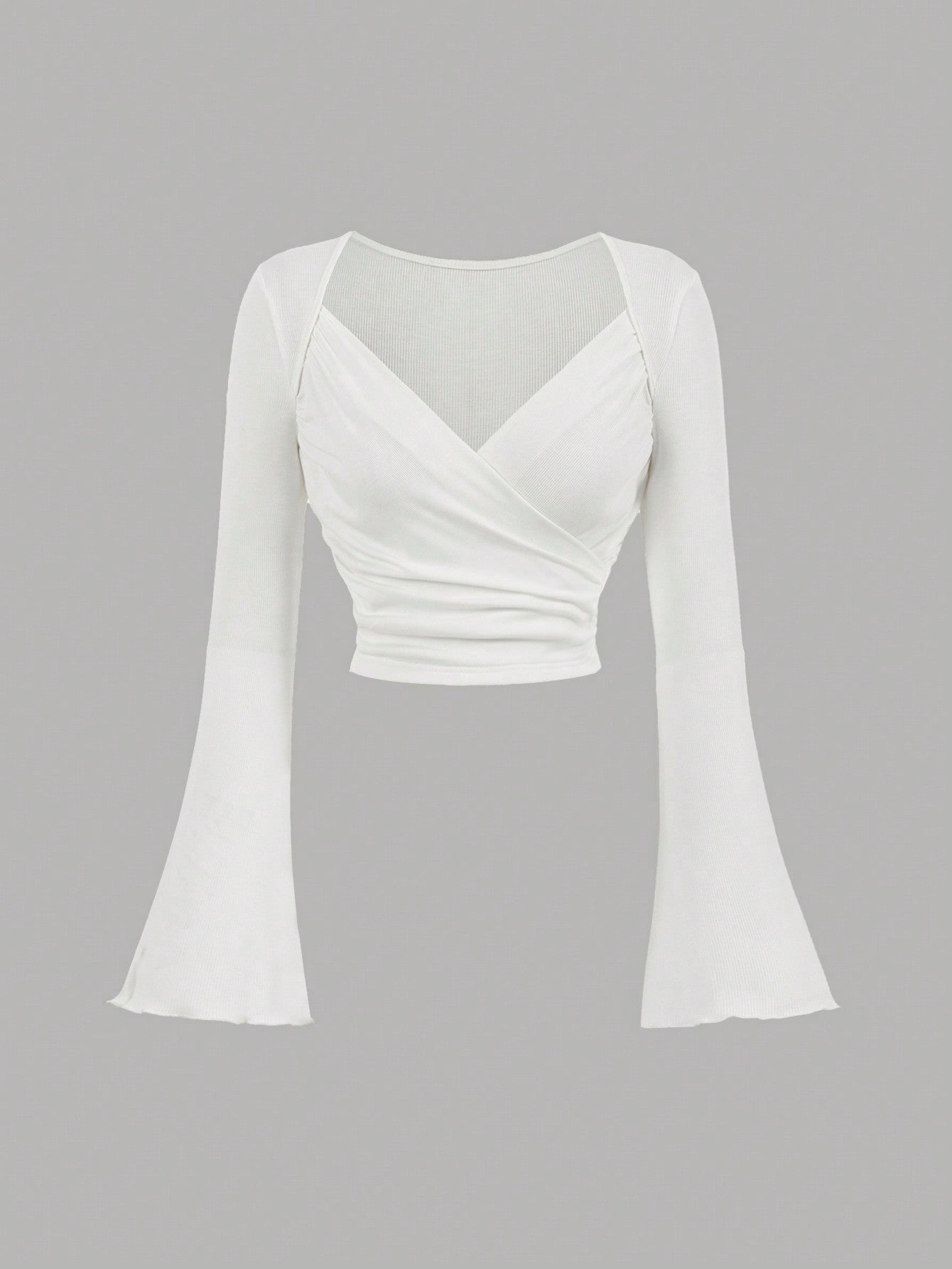 Ribbed Wrap Bell Sleeve Crop Top