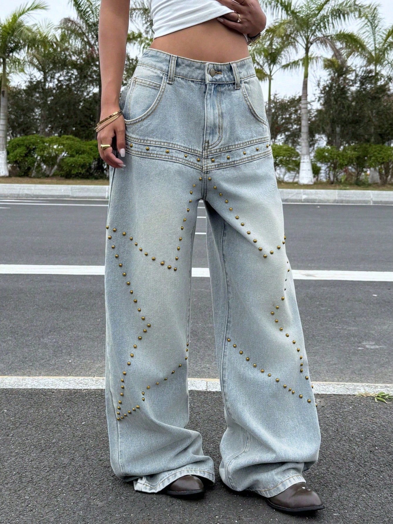 Studded Wide Leg Denim Jeans