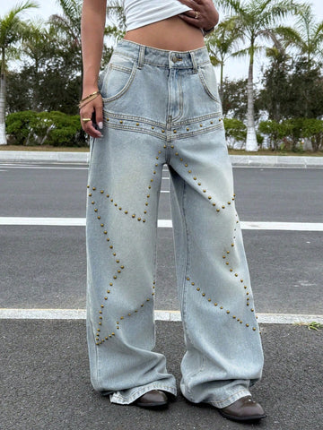 Studded Wide Leg Denim Jeans