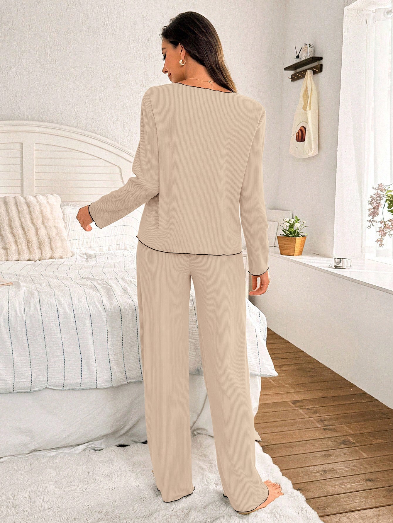 Ribbed Bow Trim Pajama Set