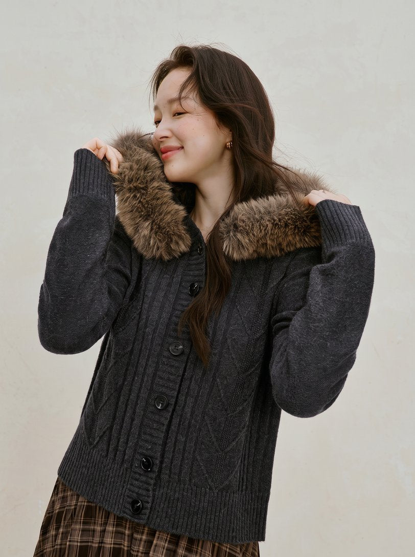 Detachable Faux Fur Trim Wool Cardigan