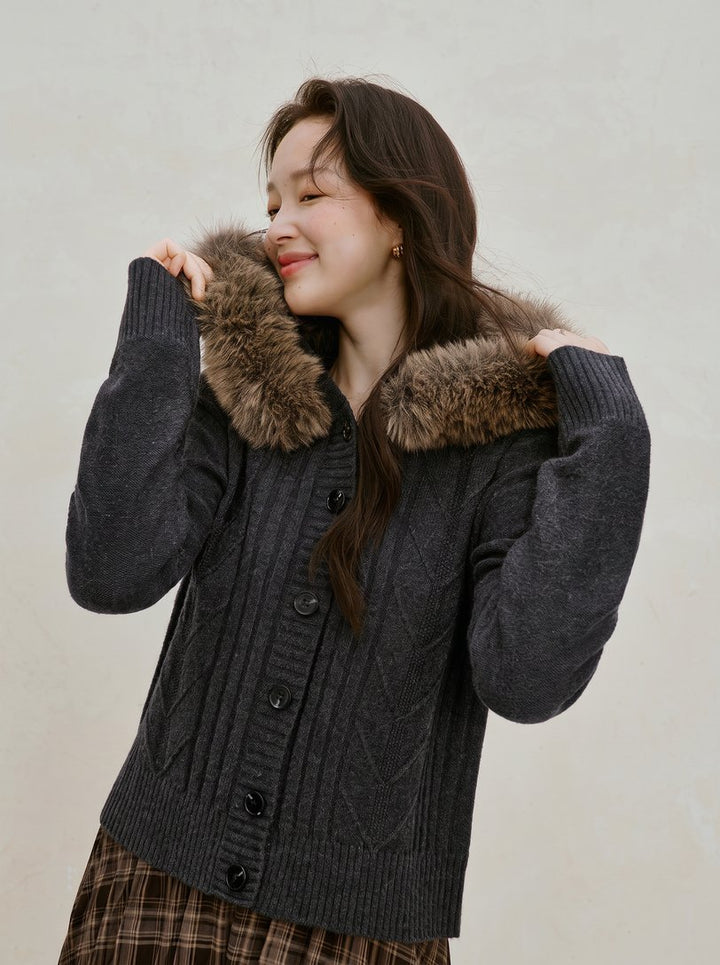 Detachable Faux Fur Trim Wool Cardigan