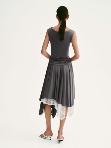 Lace Trim Asymmetric Pleated A-Line Midi Dresses